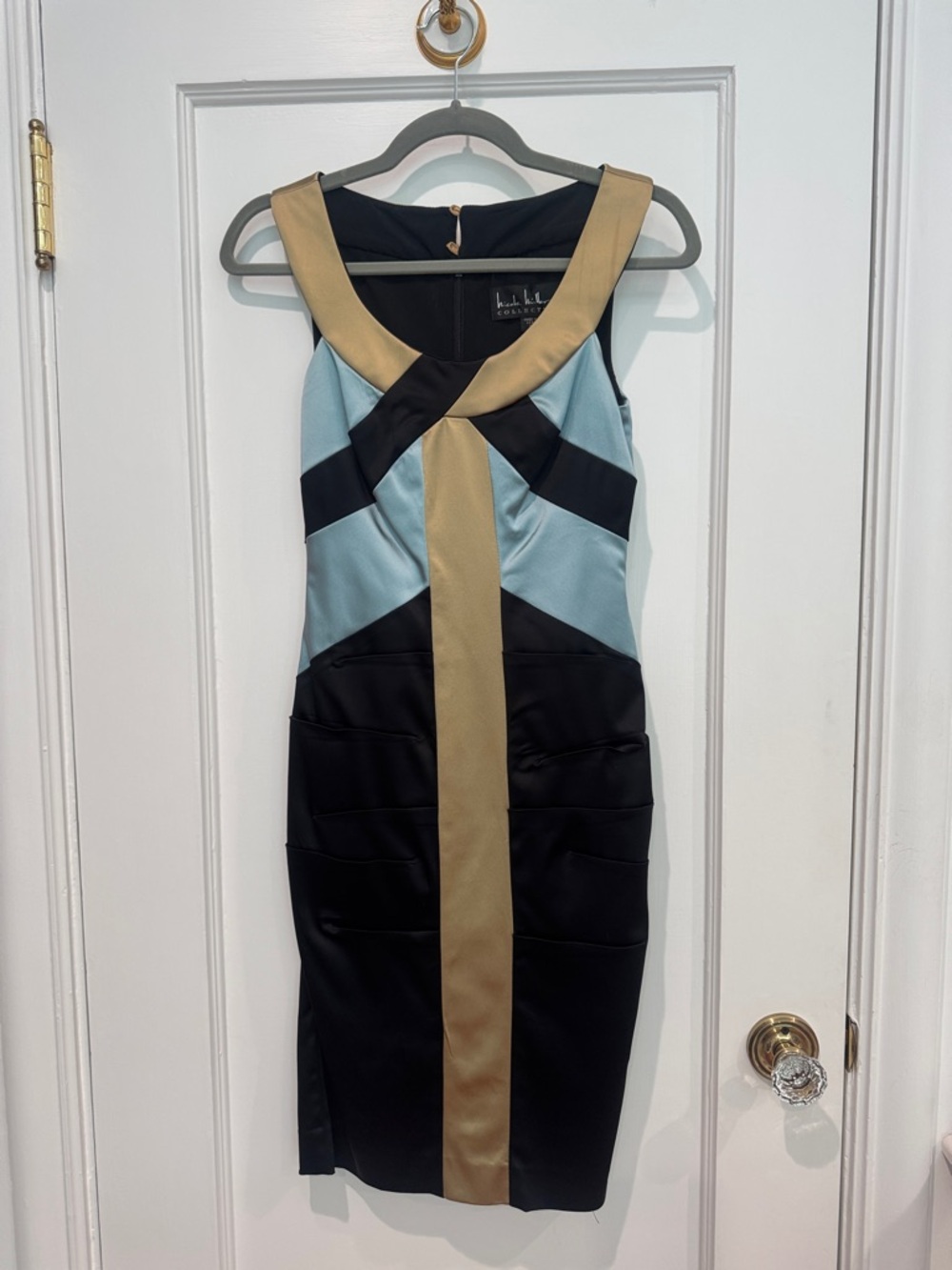 Nichole Miller Colorblock Sheath Dress in Black, Light Blue & Gold